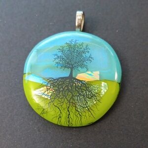 Tree of Life Pendant in Blue and Green Dichroic Glass Handmade